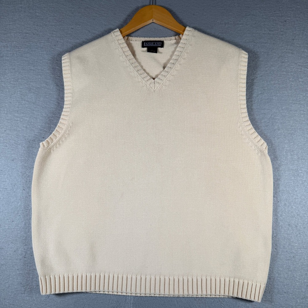 Vintage Lands End Mens Cream V-Neck Cotton Knit Sweater‎ Vest Large 42-44 74911